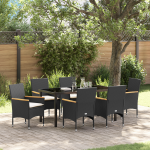 Set de mese pentru grădină cu 7 piese și perne din poliratan negru , Masa de grădină  neagră 160x80x73 cm din sticlă securizată GartenMobel Dekor