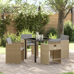 Set dining 5 piese grădină  cu perne bej din ratan poli, Masă grădină  neagră 80x80x73 cm din sticlă temperată GartenMobel Dekor