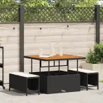 Set de dining pentru grădină , 3 piese cu perne, ratan polițienic negru și acacia GartenMobel Dekor