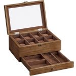 SONGMICS Cutie de ceasuri din lemn masiv, 8 compartimente si sertar bijuterii, 19x27x13cm, nuc rustic Household NewTrend