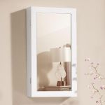 SONGMICS Dulap de bijuterii cu oglinda, montare pe perete, incuietoare, 37x11x67cm, alb Household NewTrend