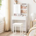 VASAGLE  Masuta de toaleta cu oglinda, rafturi reglabile si sertar pentru cosmetice, 70x40x136cm, alb Household NewTrend