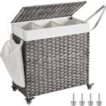 SONGMICS Cos de rufe tesut manual, cu captuseala detasabila lavabila, 3 compartimente, stil ratan, 140 litri, 66x33x60 cm, gri Household NewTrend