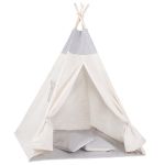 Cort copii Sersimo stil indian Teepee Tent cu fereastra, covoras gros si 2 perne, alb gri monocrom Household NewTrend