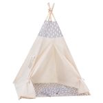 Cort copii Sersimo stil indian Teepee Tent cu fereastra, covoras gros si 2 perne, alb gri cu norisori Household NewTrend