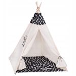 Cort copii Sersimo stil indian Teepee Tent cu fereastra, covoras gros si 2 perne, alb negru cu norisori Household NewTrend