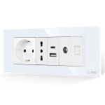 Priza Schuko + Ingusta + Dubla USB + TV + Internet cu Rama Din Sticla LUXION, Standard Italian, 6M SmartElectro IntelligentHouse