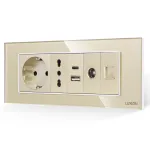 Priza Schuko + Ingusta + Dubla USB + TV + Internet cu Rama Din Sticla LUXION, Standard Italian, 6M SmartElectro IntelligentHouse