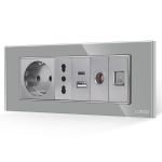 Priza Schuko + Ingusta + Dubla USB + TV + Internet cu Rama Din Sticla LUXION, Standard Italian, 6M SmartElectro IntelligentHouse