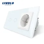 Intrerupator dublu cap scara / cap cruce + priza simpla Livolo rama din sticla SmartElectro IntelligentHouse