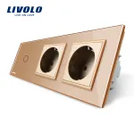 Intrerupator LIVOLO simplu cap scara / cap cruce cu touch si 2 prize din sticla SmartElectro IntelligentHouse