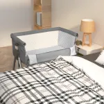 Pat pentru copii cu saltea, gri închis, pânză textil GartenMobel Dekor