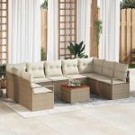 Set de Sofa de Grădină 10 pcs Bej, alb Mare Ratan și lemn GartenMobel Dekor