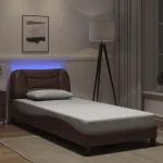 Cadru de pat cu lumini LED, maro, 90x190 cm, piele ecologică GartenMobel Dekor