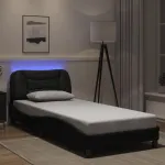 Cadru de pat cu lumini LED, negru, 90x200 cm, piele ecologică GartenMobel Dekor
