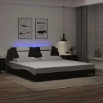 Cadru de pat cu lumini LED negru/alb 200x200 cm piele ecologică GartenMobel Dekor