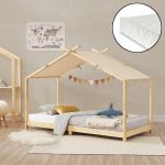 Pat copii, en.casa, PXSD-0002 Brome HKSM, 200 x 90 cm, brad, spuma rece, natur, cu saltea HausGarden Leisure