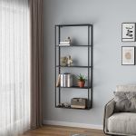 Raft, en.casa,  PXSL-0214 Jamijarvi, 140 x 60 x 18 cm, otel, negru mat, cu 4 polite depozitare, montabil pe perete HausGarden Leisure