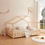 Pat casuta copii cu grilaj protectie Treviolo 200x120cm lemn natur [en.casa] HausGarden Leisure