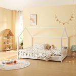 Pat casuta copii cu grilaj protectie Hesel 200x120cm lemn alb [en.casa] HausGarden Leisure