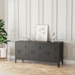 Comoda TV Kotka 113x40x58cm otel negru cu 3 usi [en.casa] HausGarden Leisure