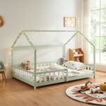 Pat casuta copii cu grilaj protectie Hesel 200x120cm lemn verde menta [en.casa] HausGarden Leisure
