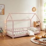 Pat casuta copii cu grilaj protectie Hesel 200x90cm lemn roz [en.casa] HausGarden Leisure