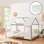 Pat casuta copii cu saltea design semideschis Tostedt 120x200 cm gri alb [en.casa] HausGarden Leisure