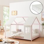 Pat casuta copii cu saltea design semideschis Tostedt 120x200 cm roz alb [en.casa] HausGarden Leisure