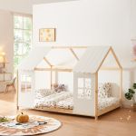 Pat casuta copii design semi deschis Tostedt 120x200 cm brad efect lemn alb [en.casa] HausGarden Leisure