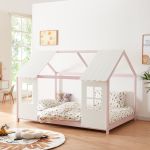 Pat casuta copii design semi deschis Tostedt 120x200 cm brad roz alb [en.casa] HausGarden Leisure