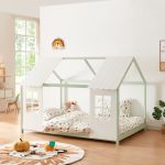 Pat casuta copii design semi deschis Tostedt 120x200 cm brad verde menta alb [en.casa] HausGarden Leisure