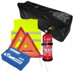 Set pachet prim ajutor auto trusa sanitara PET stingator 1kg Cridem triunghi presemnalizare 2buc vesta reflectorizanta geanta organizatoare Negru Garage AutoRide