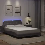Cadru de pat cu lumini LED, gri, 140x190 cm, piele ecologică GartenMobel Dekor