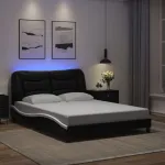 Cadru de pat cu lumini LED negru/alb 140x190 cm piele ecologică GartenMobel Dekor