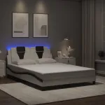 Cadru de pat lumini LED, alb/negru, 140x190 cm, piele ecologică GartenMobel Dekor
