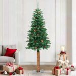 Pom Crăciun artificial subțire lemn și conuri verde 210 cm PVC GartenMobel Dekor