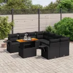 Set mobilier de grădină cu perne, 9 piese, negru, poliratan GartenMobel Dekor