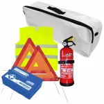 Set pachet prim ajutor auto trusa sanitara PET stingator 1kg Cridem triunghi presemnalizare 2buc vesta reflectorizanta geanta organizatoare Alb Garage AutoRide