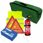 Set pachet prim ajutor auto trusa sanitara PET stingator 1kg Cridem triunghi presemnalizare 2buc vesta reflectorizanta geanta organizatoare Verde Garage AutoRide