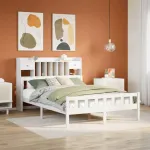 Pat cu bibliotecă fără saltea, alb, 160x200 cm, lemn masiv pin GartenMobel Dekor