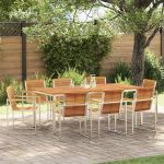 Set de dining pentru grădină cu 9 piese, masă din lemn masiv de acacia și oțel inoxidabil GartenMobel Dekor