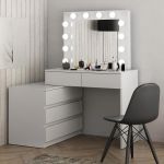 Masa de toaleta si machiaj colt Carla cu oglinda 12 LED si comoda 5 sertare, montaj stanga/dreapta, alb Household NewTrend