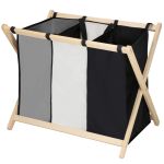 Cos de rufe cu 3 compartimente, cadru din lemn, 67x43x55 cm, 105 litri Household NewTrend