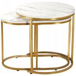 Set 2 mese pentru cafea, cadru otel, blat MDF model marmura, 50x50x50 cm si 60x32x44 cm, alb si auriu Household NewTrend