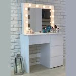 Masa de toaleta si machiaj Hollywood Pro, alba, cu 4 sertare, oglinda si 12 LED-uri, 90x40x140 cm Household NewTrend