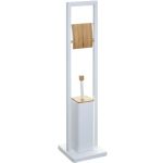 Suport WC cu perie 5Five Natureo, cu suport hartie igienica, metal si bambus, 20x20x80 cm, alb Household NewTrend