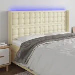 Tăblie de pat cu LED, crem, 147x16x118/128 cm, piele ecologică GartenMobel Dekor