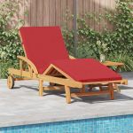 Lounger de soare pliabil cu roți și perne roșii, fabricat din lemn masiv de acacia. GartenMobel Dekor