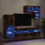 Unități de perete TV cu LED-uri, 6 piese, stejar fumuriu, lemn GartenMobel Dekor